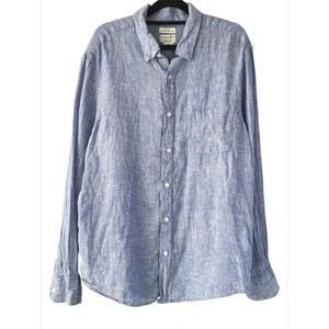 Caribbean Joe Mens 100% Linen Button Up Shirt L Blue Coastal Lightweight Flax